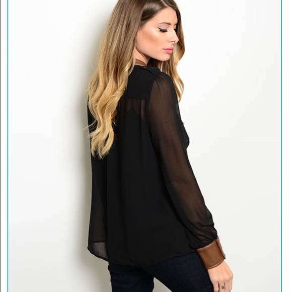 Sheer Black Button Up blouse w/ faux leather cuffs - Picture 3 of 3